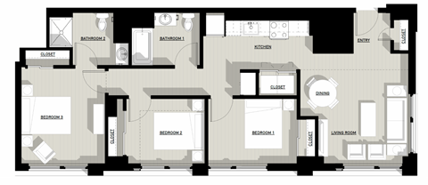 Floor plan for 3 beds, 2 baths, 1092 sqft